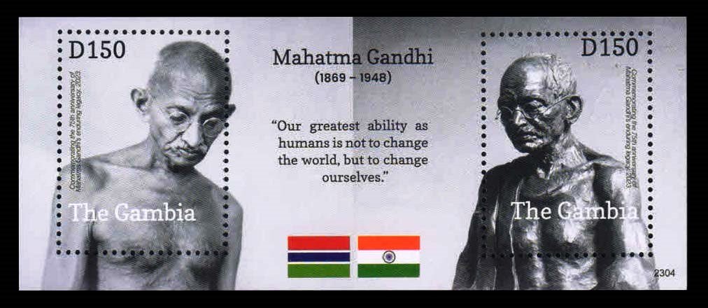 GAMBIA 2023 - Mahatma Gandhi, Miniature Sheet of 2 Stamps, MNH