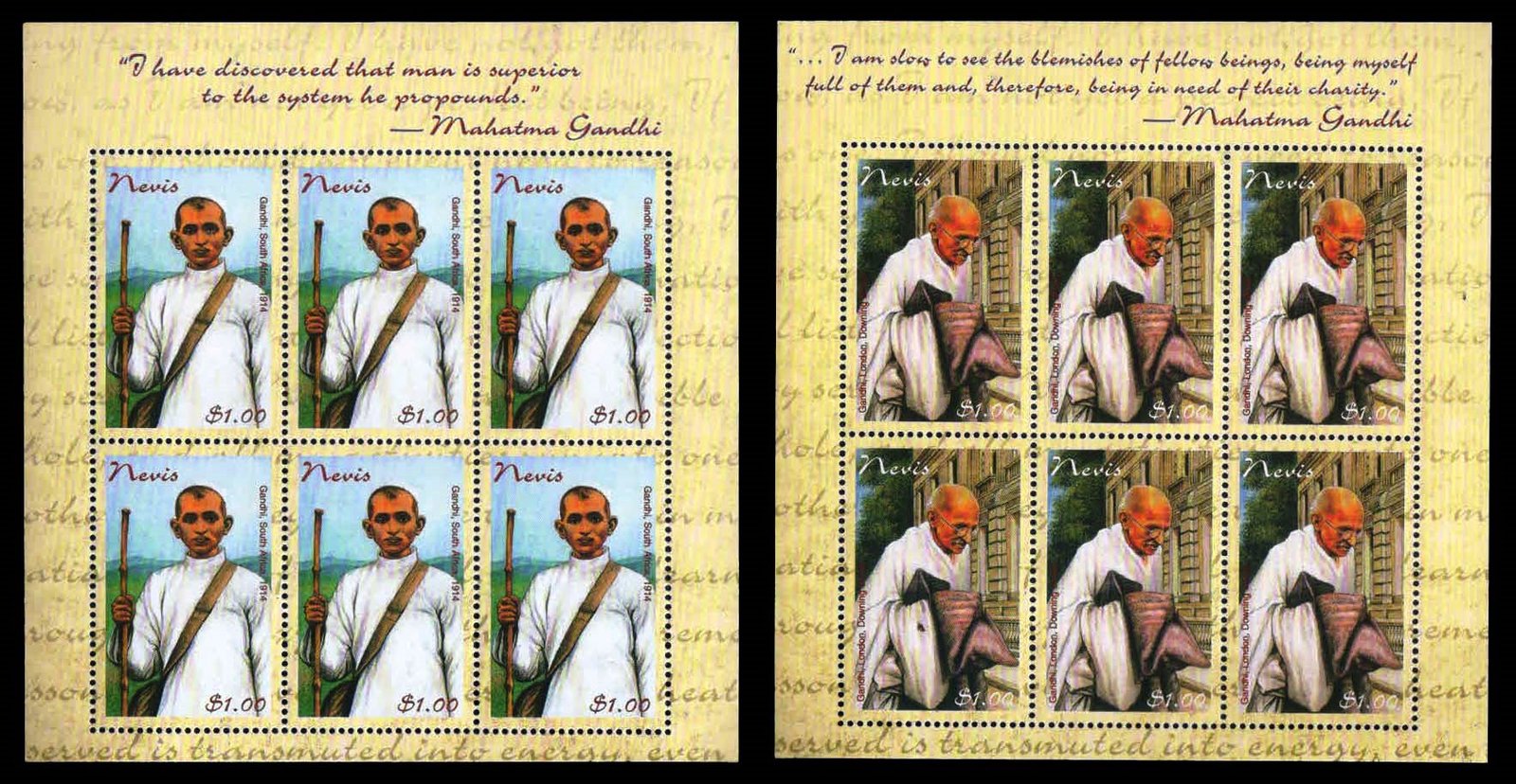 NEVIS 1998 - 50th Death Anniversary of Mahatma Gandhi, Set of 2 Sheetlets (6x2 Samps), MNH, S.G. 1244-1245