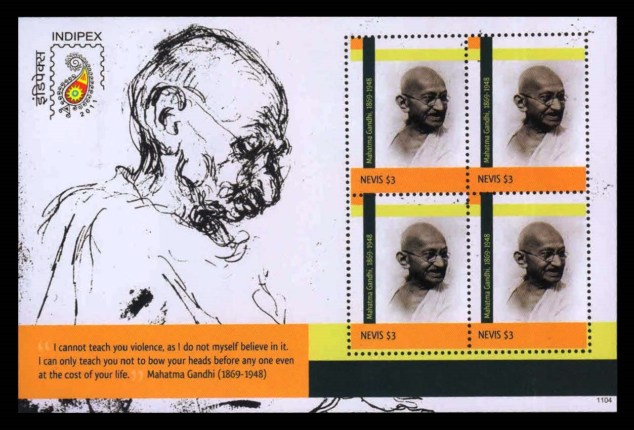 NEVIS 2011 - Mahatma Gandhi, International Stamp Exhibition, Miniature Sheet of 4 Stamps, MNH, S.G. MS 2230, Cat. £ 12