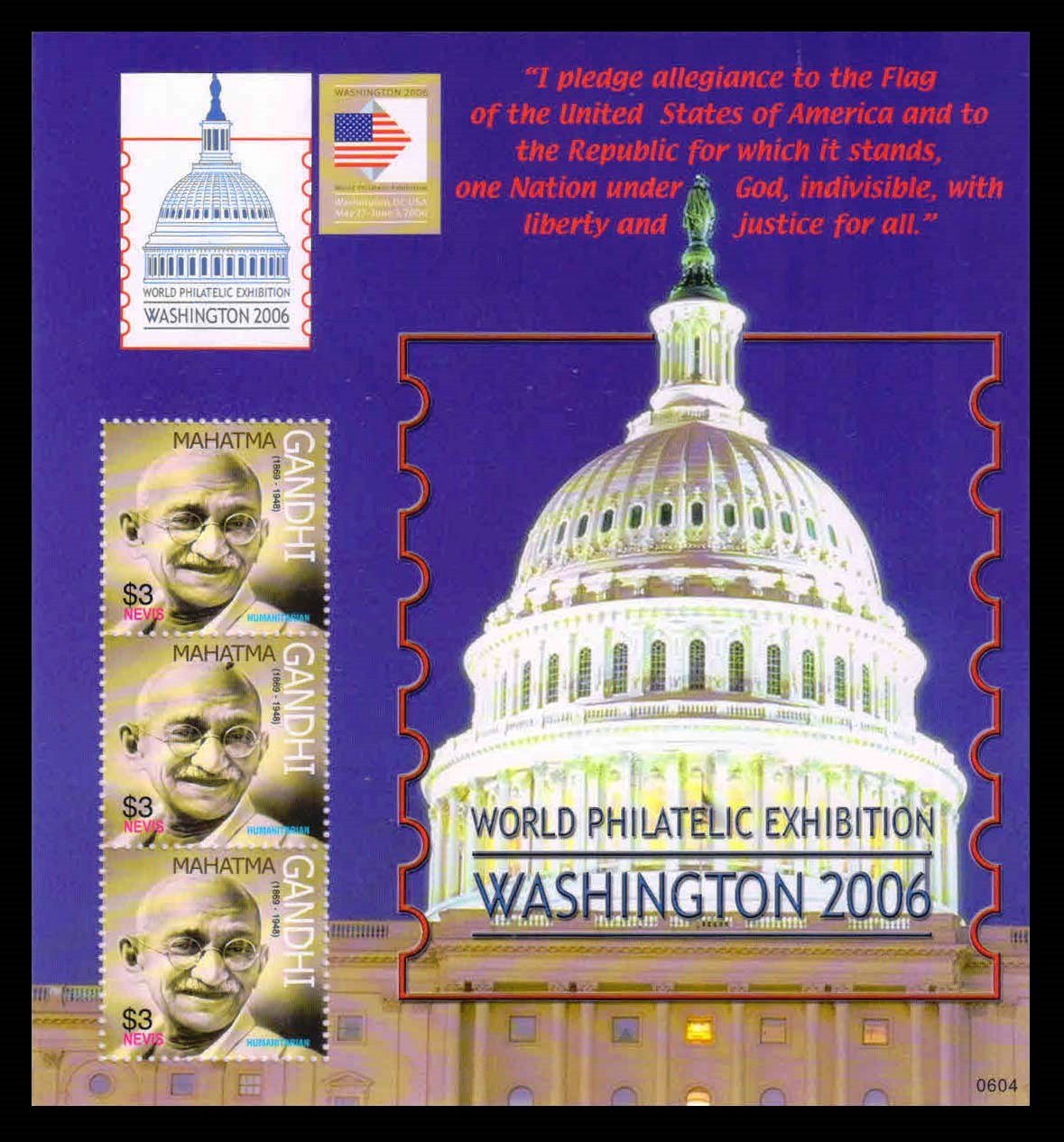 NEVIS 2006 - Mahatma Gandhi, Washington 2006 International Stamp Exhibition, Sheetlet of 3 Stamps, MNH, S.G. 1968